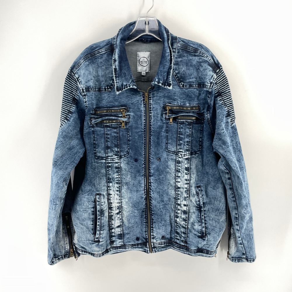 RS1NE Mens Acid Wash Blue Denim Moto Jacket Full Zip Biker Coat 2XL XXL 44"